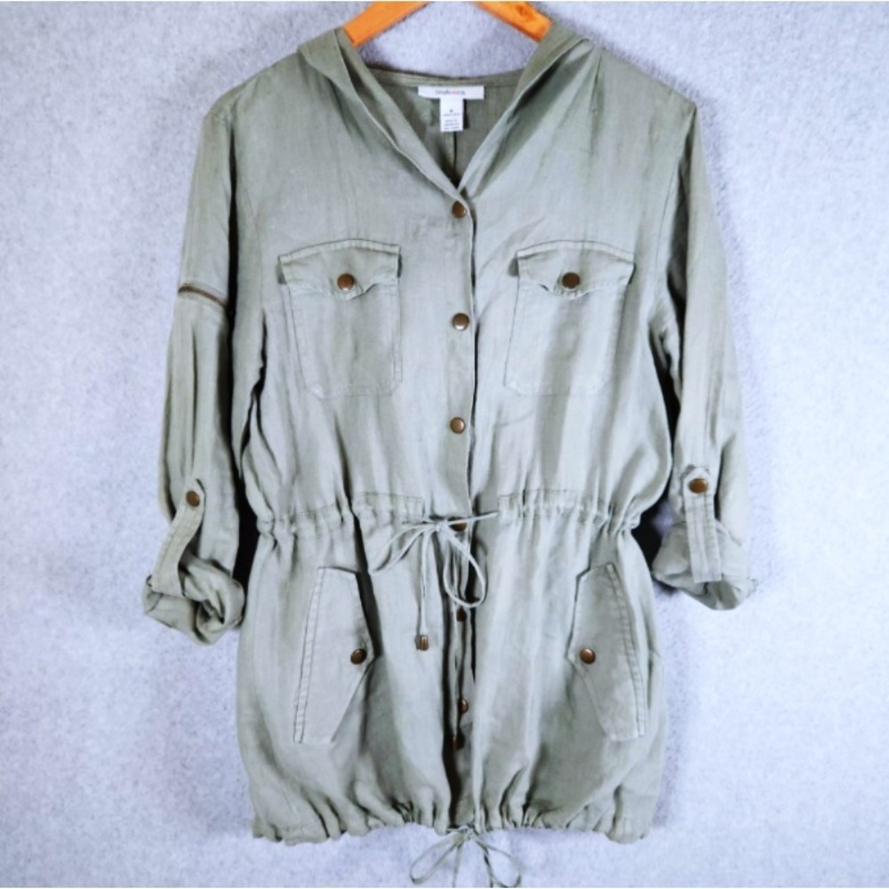 Style&Co. 100% Linen Anorak Utility Jacket Women's Size 6 Sage Green Hooded